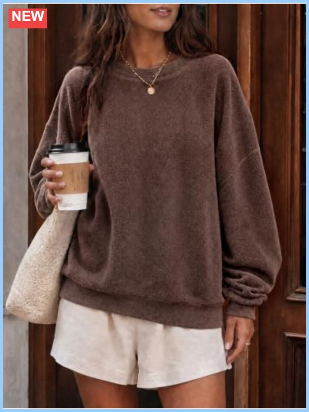 Womens Oversized Polar Fleece Sweatshirt Fuzzy Crewneck Pullover Fall Top - Picture 2 of 5